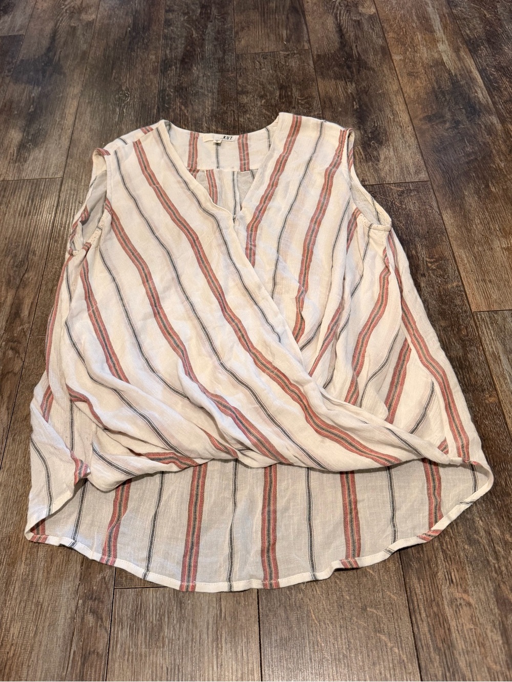 Kut from the Kloth Cream Sleeveless Wrap Blouse with Rust & Blue Stripes